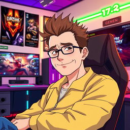 An anime-style illustration of a 40-year-old man with spiky brown hair and a distinguished look, embodying a seasoned gamer