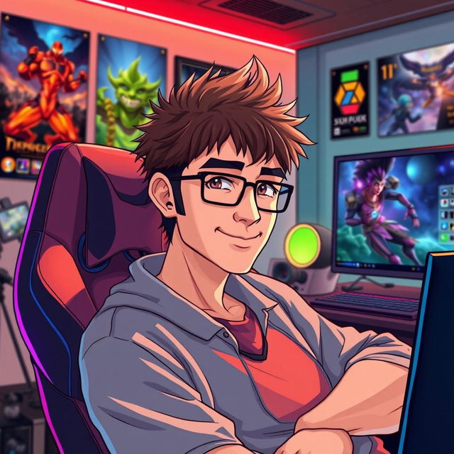 An anime-style illustration of a 40-year-old man with spiky brown hair and a distinguished look, embodying a seasoned gamer