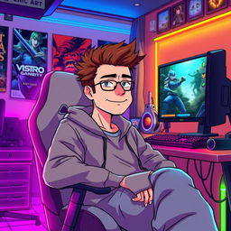 An anime-style illustration of a 40-year-old man with spiky brown hair and a distinguished look, embodying a seasoned gamer