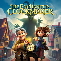 A whimsical movie poster for 'The Enchanted Clockmaker', depicting a quaint village filled with charming buildings and vibrant colors