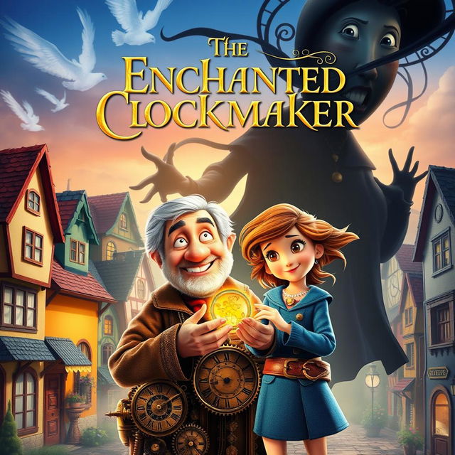 A whimsical movie poster for 'The Enchanted Clockmaker', depicting a quaint village filled with charming buildings and vibrant colors