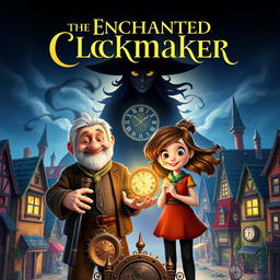 A whimsical movie poster for 'The Enchanted Clockmaker', depicting a quaint village filled with charming buildings and vibrant colors