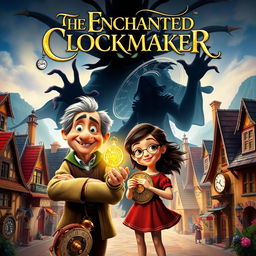 A whimsical movie poster for 'The Enchanted Clockmaker', depicting a quaint village filled with charming buildings and vibrant colors