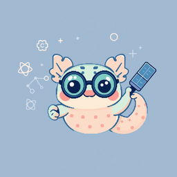 A pixel art logo featuring a cute axolotl with round glasses, holding a satellite to emphasize its communications theme