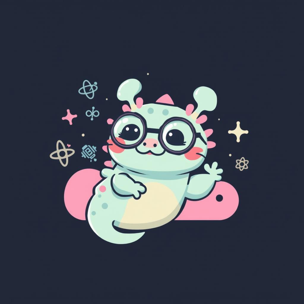 A pixel art logo featuring a cute axolotl with round glasses, holding a satellite to emphasize its communications theme