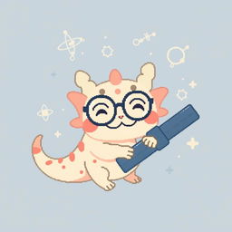 A pixel art logo featuring a cute axolotl with round glasses, holding a satellite to emphasize its communications theme