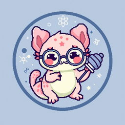 A pixel art logo featuring a cute axolotl with round glasses, holding a satellite to emphasize its communications theme