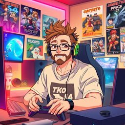 An anime-style illustration of a 40-year-old man with spiky brown hair and a light beard, embodying the essence of a seasoned gamer