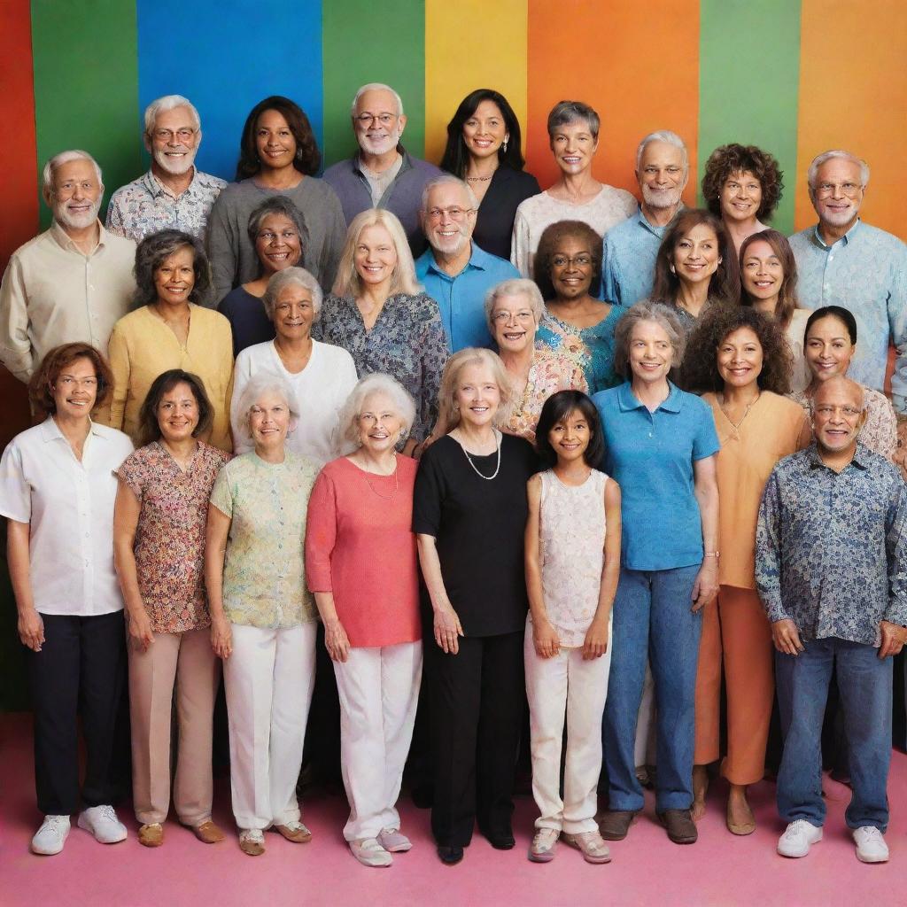 A diverse group of individuals showcasing a varied range of ages, ethnicities, and styles, standing amidst a vibrant backdrop.