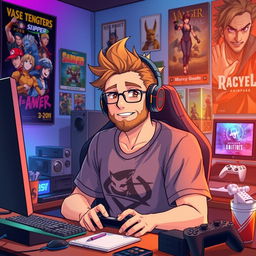 An anime-style illustration of a 40-year-old man with spiky brown hair and a light beard, embodying the essence of a seasoned gamer