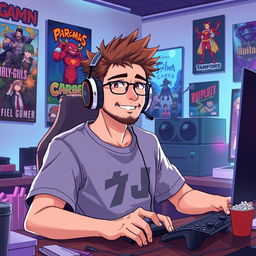 An anime-style illustration of a 40-year-old man with spiky brown hair and a light beard, embodying the essence of a seasoned gamer