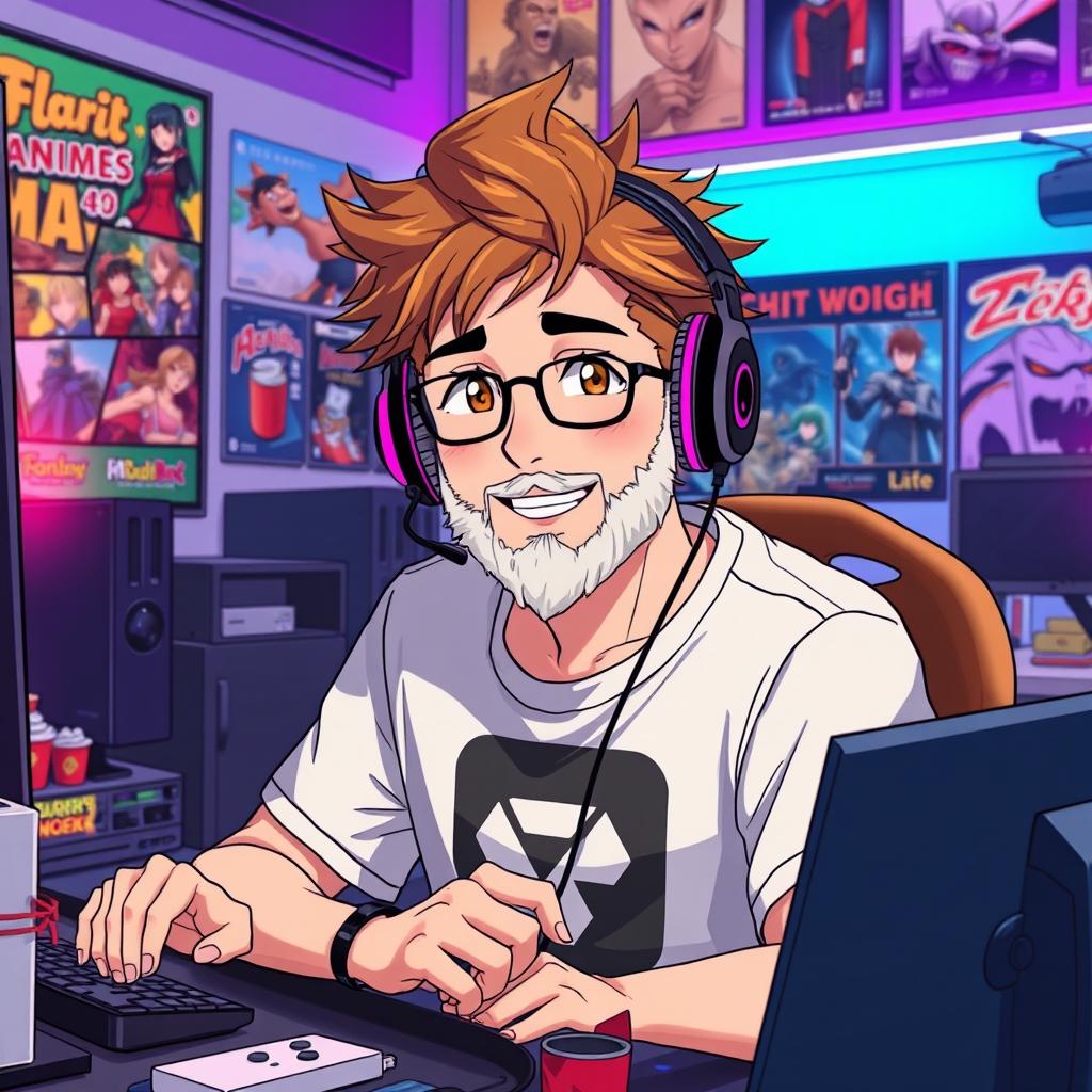 An anime-style illustration of a 40-year-old man with spiky brown hair and a light beard, embodying the essence of a seasoned gamer