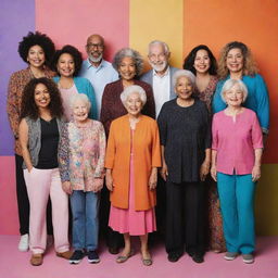 A diverse group of individuals showcasing a varied range of ages, ethnicities, and styles, standing amidst a vibrant backdrop.