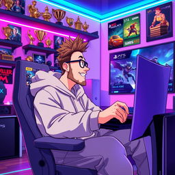 An anime-style illustration of a 40-year-old man without glasses, featuring spiky brown hair and a light beard, representing a dedicated PS5 gamer