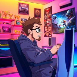 An anime-style illustration of a 40-year-old man without glasses, featuring spiky brown hair and a light beard, representing a dedicated PS5 gamer