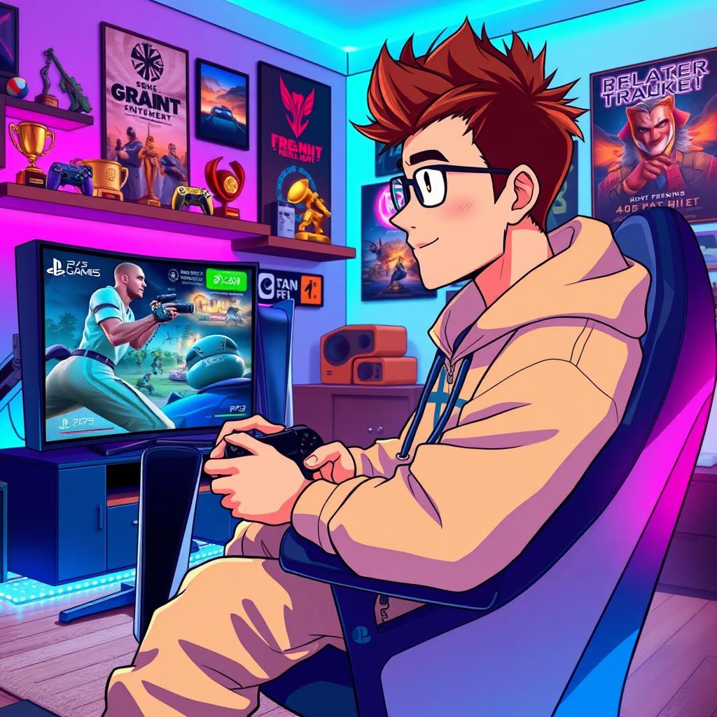 An anime-style illustration of a 40-year-old man without glasses, featuring spiky brown hair and a light beard, representing a dedicated PS5 gamer