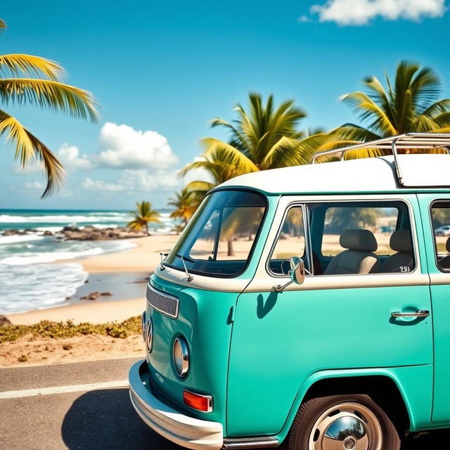 A classic Volkswagen Safari car, parked on a scenic coastal road