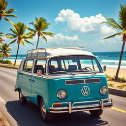 A classic Volkswagen Safari car, parked on a scenic coastal road