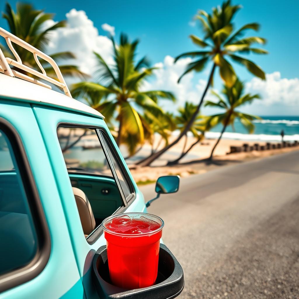 A classic Volkswagen Safari car, parked on a scenic coastal road