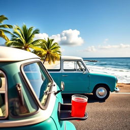 A classic Volkswagen Safari car, parked on a scenic coastal road