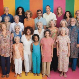 A diverse group of individuals showcasing a varied range of ages, ethnicities, and styles, standing amidst a vibrant backdrop.