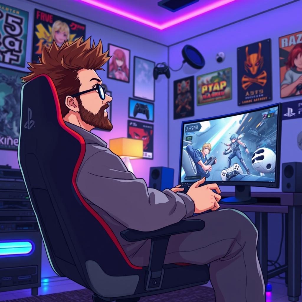 An anime-style illustration of a 40-year-old man without glasses, featuring spiky brown hair and a light beard, representing an enthusiastic PS5 gamer