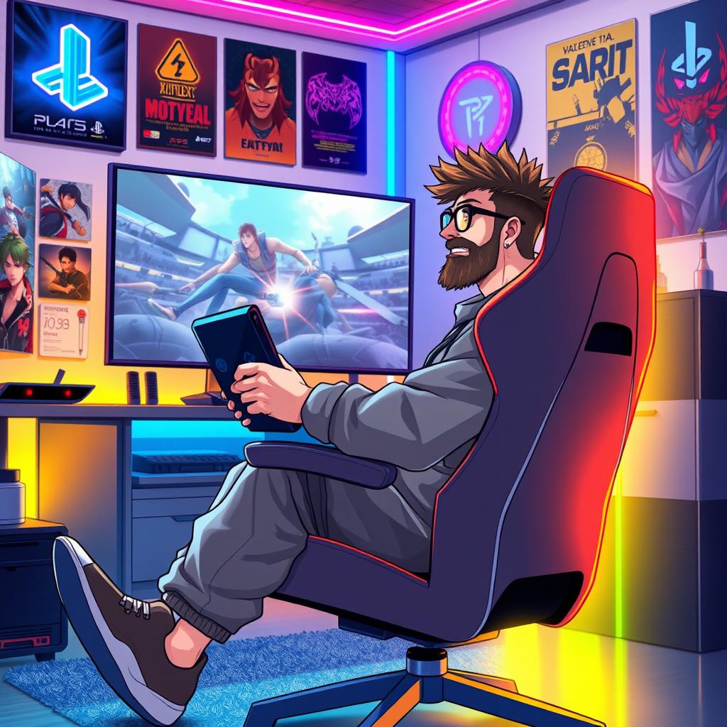 An anime-style illustration of a 40-year-old man without glasses, featuring spiky brown hair and a light beard, representing an enthusiastic PS5 gamer