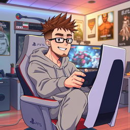 An anime-style illustration of a 40-year-old man without glasses, featuring spiky brown hair and a light beard, representing an enthusiastic PS5 gamer