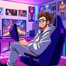 An anime-style illustration of a 40-year-old man without glasses, featuring spiky brown hair and a light beard, representing an enthusiastic PS5 gamer