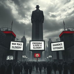 A dystopian society depicted in a dark, oppressive landscape, showcasing a towering, ominous figure of 'Big Brother' watching over a city filled with propaganda posters that read "War is Peace", "Freedom is Slavery", and "Ignorance is Strength"