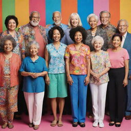 A diverse group of individuals showcasing a varied range of ages, ethnicities, and styles, standing amidst a vibrant backdrop.