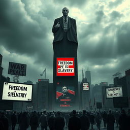 A dystopian society depicted in a dark, oppressive landscape, showcasing a towering, ominous figure of 'Big Brother' watching over a city filled with propaganda posters that read "War is Peace", "Freedom is Slavery", and "Ignorance is Strength"