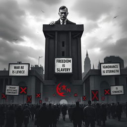 A dystopian society depicted in a dark, oppressive landscape, showcasing a towering, ominous figure of 'Big Brother' watching over a city filled with propaganda posters that read "War is Peace", "Freedom is Slavery", and "Ignorance is Strength"