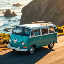 A stunning classic Volkswagen Safari car parked on a scenic coastal road, surrounded by lush greenery and ocean waves crashing in the background