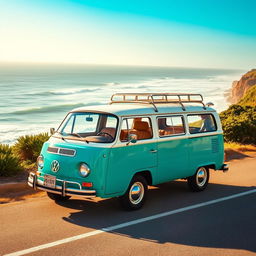 A stunning classic Volkswagen Safari car parked on a scenic coastal road, surrounded by lush greenery and ocean waves crashing in the background