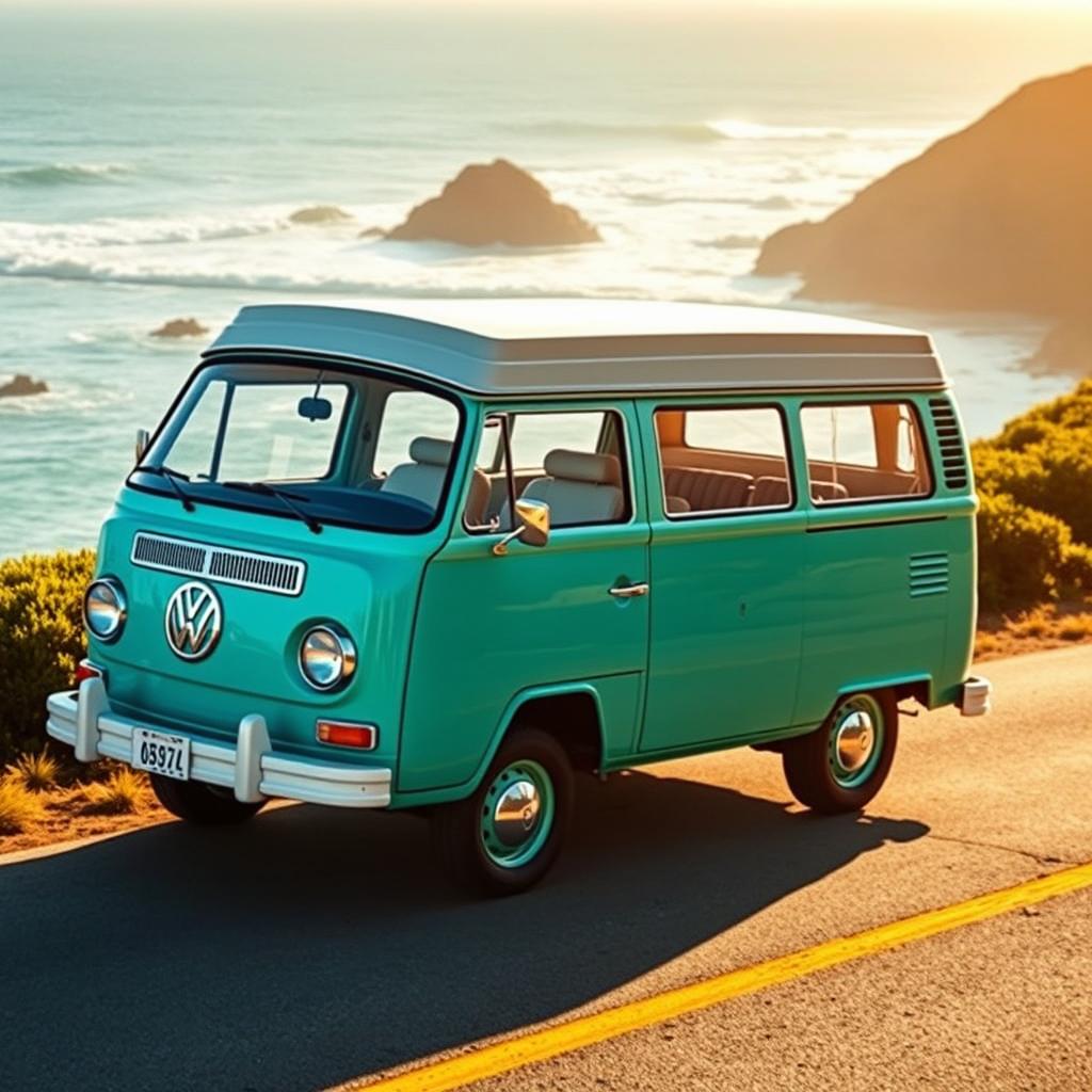 A stunning classic Volkswagen Safari car parked on a scenic coastal road, surrounded by lush greenery and ocean waves crashing in the background