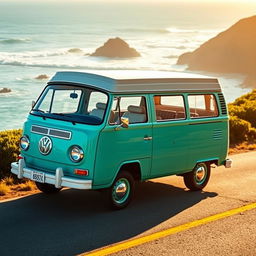 A stunning classic Volkswagen Safari car parked on a scenic coastal road, surrounded by lush greenery and ocean waves crashing in the background