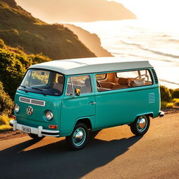 A stunning classic Volkswagen Safari car parked on a scenic coastal road, surrounded by lush greenery and ocean waves crashing in the background