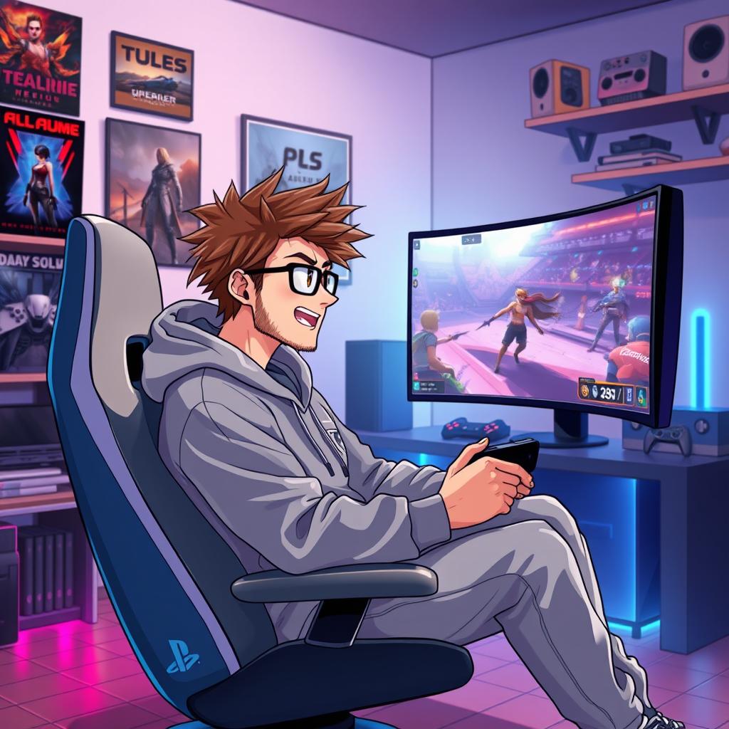 An anime-style illustration of a 30-year-old man without glasses, featuring spiky brown hair and a light beard, showcasing his enthusiasm as a PS5 gamer