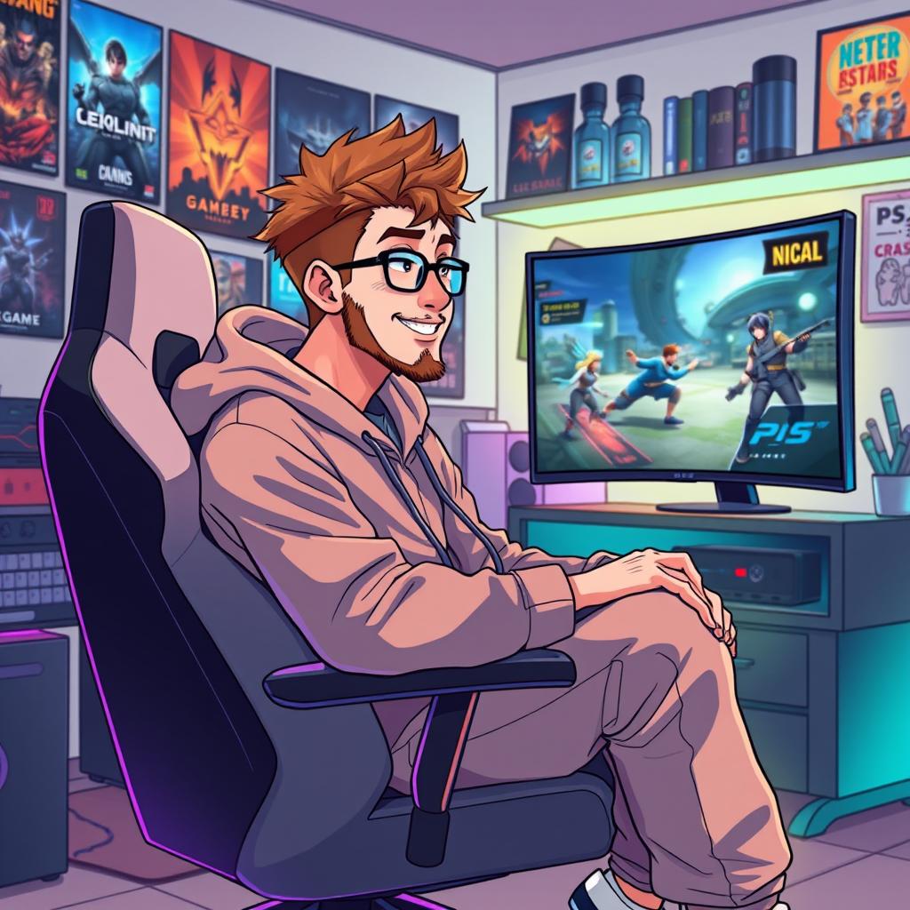 An anime-style illustration of a 30-year-old man without glasses, featuring spiky brown hair and a light beard, showcasing his enthusiasm as a PS5 gamer