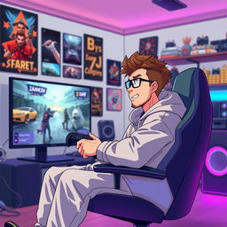 An anime-style illustration of a 30-year-old man without glasses, featuring spiky brown hair and a light beard, showcasing his enthusiasm as a PS5 gamer