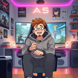 An anime-style illustration of a 30-year-old man without glasses, featuring spiky brown hair and a light beard, showcasing his enthusiasm as a PS5 gamer