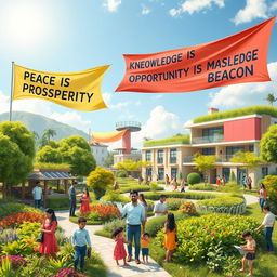 A utopian landscape depicting a harmonious society, characterized by flourishing greenery, vibrant gardens, and people from diverse backgrounds engaging in collaborative activities