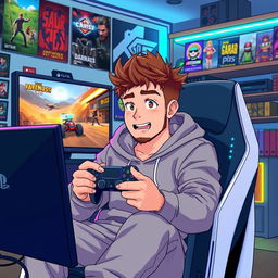 An anime-style illustration of a 39-year-old man with spiky brown hair and a light beard, embodying the persona of a passionate PS5 gamer