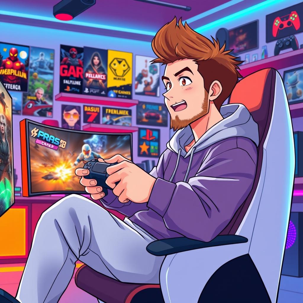 An anime-style illustration of a 39-year-old man with spiky brown hair and a light beard, embodying the persona of a passionate PS5 gamer