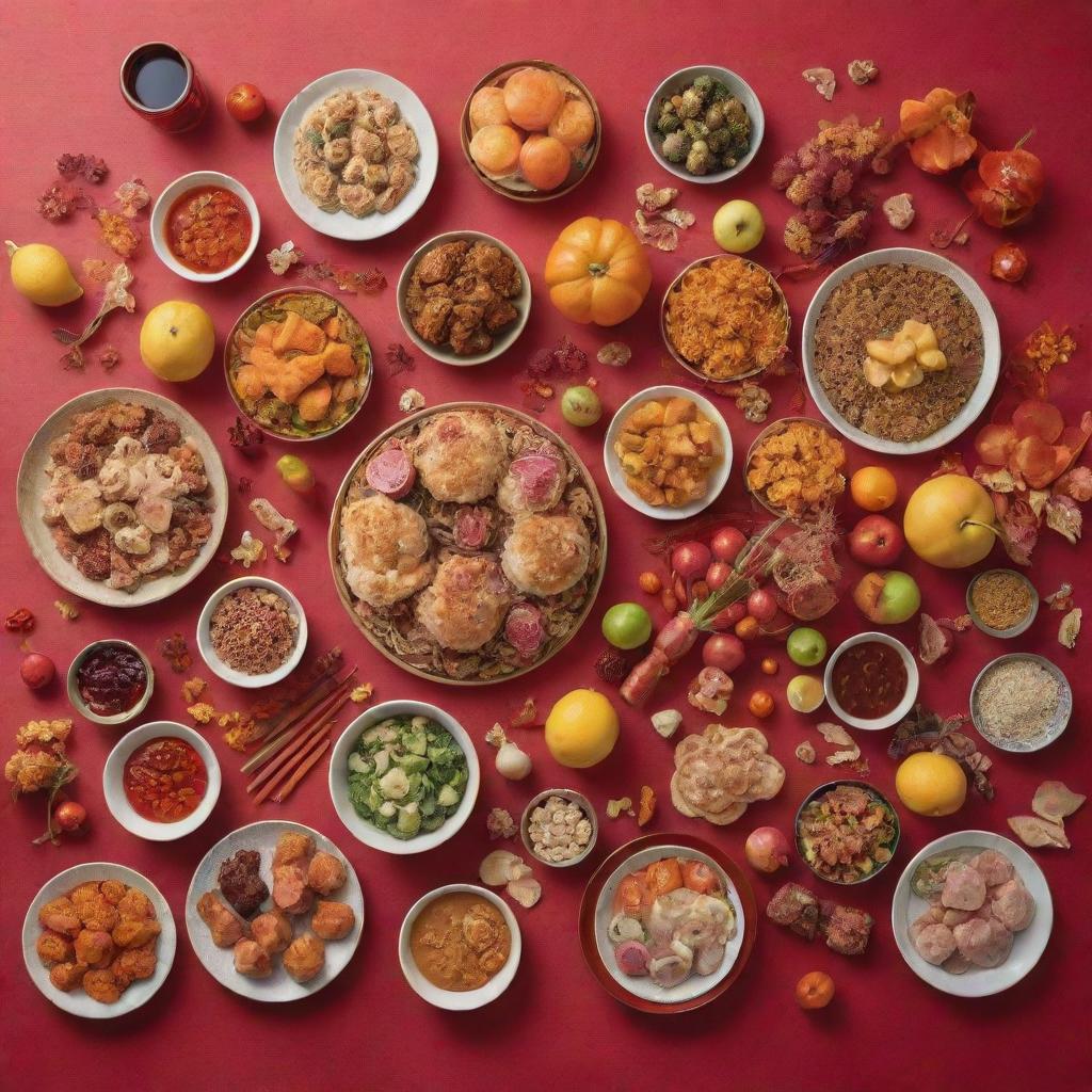 A vibrant photograph showcasing a Lunar New Year 2024 celebration table filled with an array of healthy, colorful foods. The background festively decorated with traditional symbols and hints of 2024.