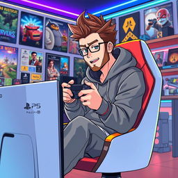 An anime-style illustration of a 39-year-old man with spiky brown hair and a light beard, embodying the persona of a passionate PS5 gamer