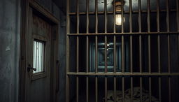 A gritty and realistic jail background depicting the interior of a prison cell block