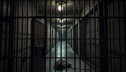 A gritty and realistic jail background depicting the interior of a prison cell block