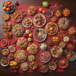 A vibrant photograph showcasing a Lunar New Year 2024 celebration table filled with an array of healthy, colorful foods. The background festively decorated with traditional symbols and hints of 2024.